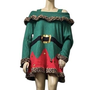 Holiday Time Christmas Sweater Dress Green Elf Leopard Fur Off Shoulder 3X 24W